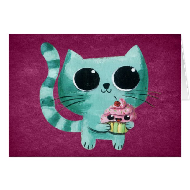 Cartão Gato bonito do gatinho com cupcake de Kawaii (Frente horizontal)
