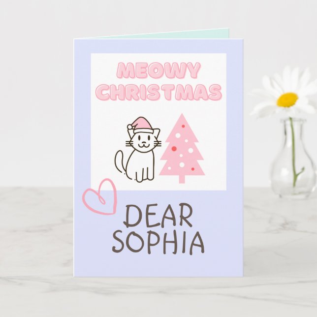Cartão Gato bonito em Santa Hat e Árvore Pastel de Natal  (Planta pequena)