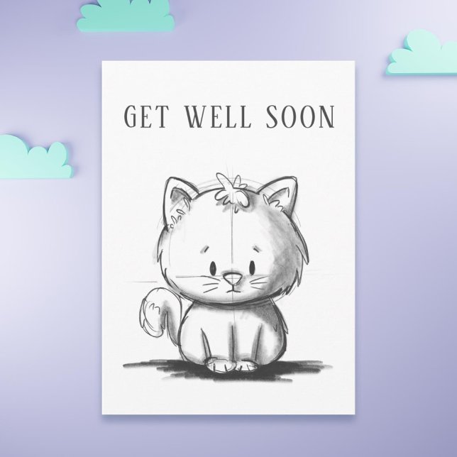 Cartão Gato Bonito Encorajando-Se A Ficar Bem (Adorable get well soon card with a sketch illustration of a cat)