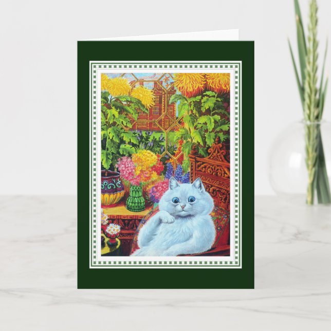 Cartão Gato branco antropomórfico enquadrado por flores a (Frente)