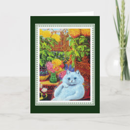 Cartão Gato branco antropomórfico enquadrado por flores a