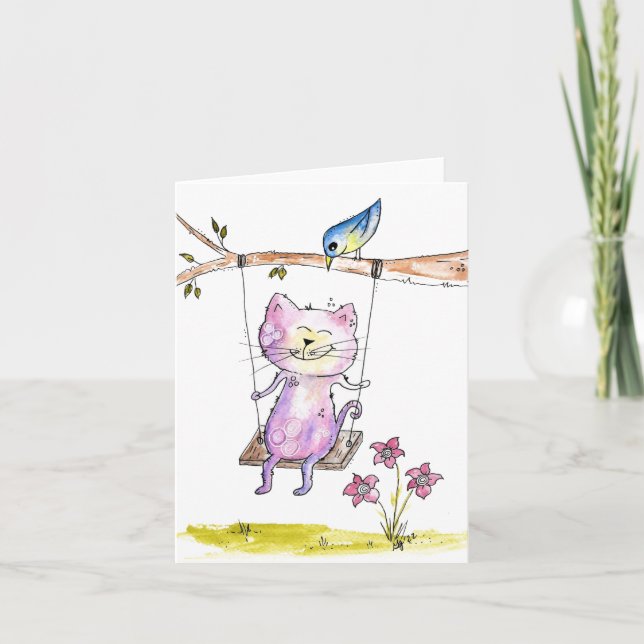 Cartão Gato Branco Cinto-Rosa em Swing (Frente)