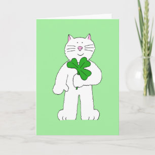 Cartão Gato Branco De Dia de São Patrício Com Shamrock