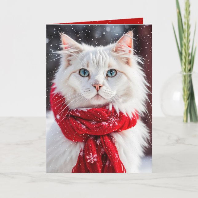 Cartão Gato branco de Natal com espinho vermelho (Frente)
