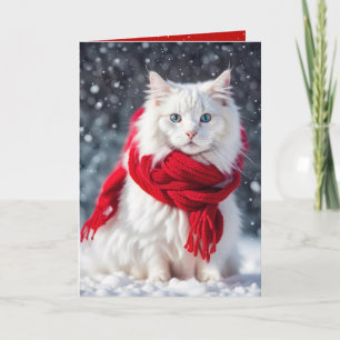 Cartão Gato branco de Natal com espinho vermelho