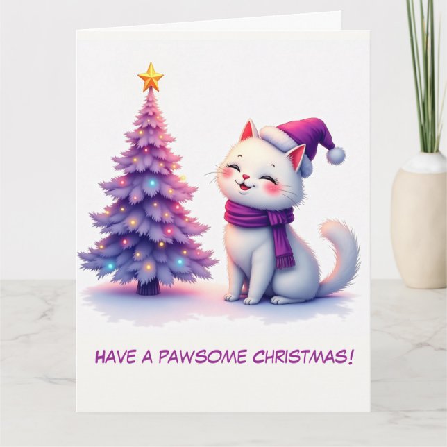 Cartão Gato branco e árvore de Natal ilustrados (Frente)