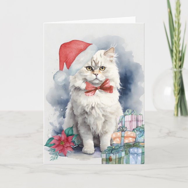 Cartão Gato Branco e Bonito, Papai Noel dá Vazio de Natal (Frente)