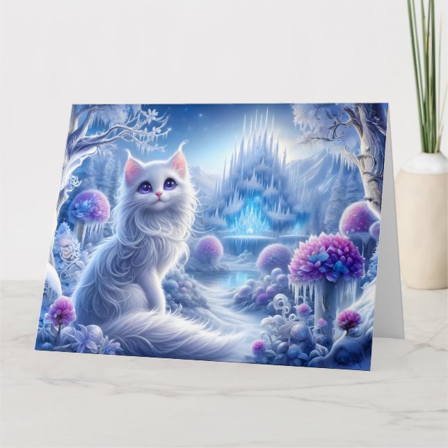 Cartão Gato Branco Elegante em um Realm Mágico de Neve (Frente)