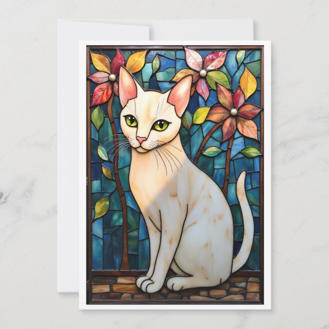 Cartão Gato Branco em Estilo de Vitral com Ilustração Pla (Frente)