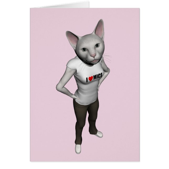 Cartão Gato Branco Engraçado Que Adora Ratos (Frente)