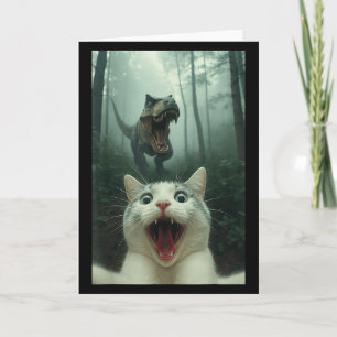 Cartão Gato Branco Engraçado Selfie Com T-rex Dinossauro,