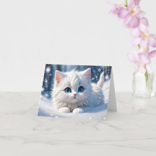 Cartão Gato Branco Fofinho Adorável Olhos Azuis Cumprimen