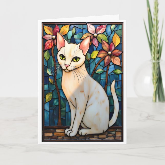 Cartão Gato Branco no Estilo de Vitral com Flores (Frente)