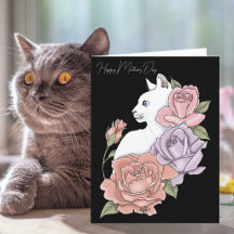 Gato Branco Rosas Pastel Rosa Dia das Mães Preto