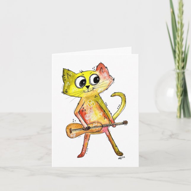 Cartão Gato Bravo Brincando De Violão (Frente)