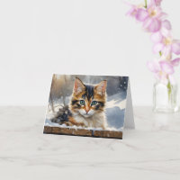 Gato Calico Adorável na Neve Cumprimento em Branco