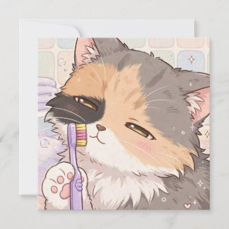 Cartão Gato calico anime com escova de dentes