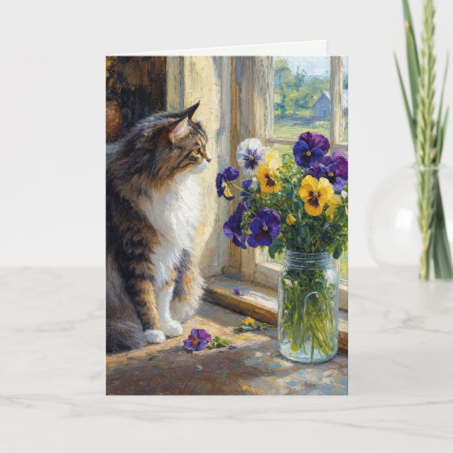 Cartão Gato Calico com Buquê de Pensamentos  (Frente)