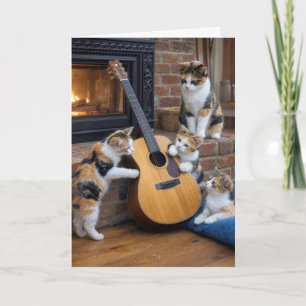 Cartão Gato Calico de Aniversário com Gatinhos e Violão