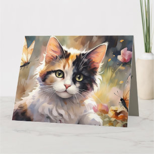 Cartão Gato Calico e Borboletas no Jardim de Primavera