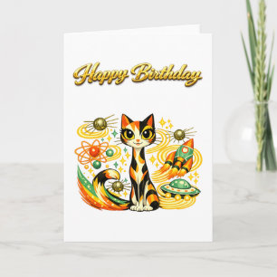 Cartão Gato Calico Espacial Atômico de Aniversário Feliz