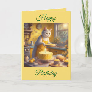 Cartão Gato Caprichoso Fazendo Bolo de Aniversário