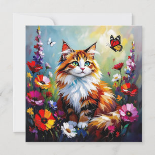 Cartão Gato Caprichoso Fofo, Flores e Borboletas