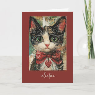 Cartão Gato Caprichoso Pintado com Coração Vermelho para