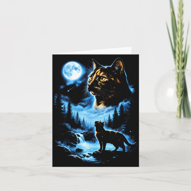 Cartão Gato casca de tartaruga lua cheia floresta mística (Frente)