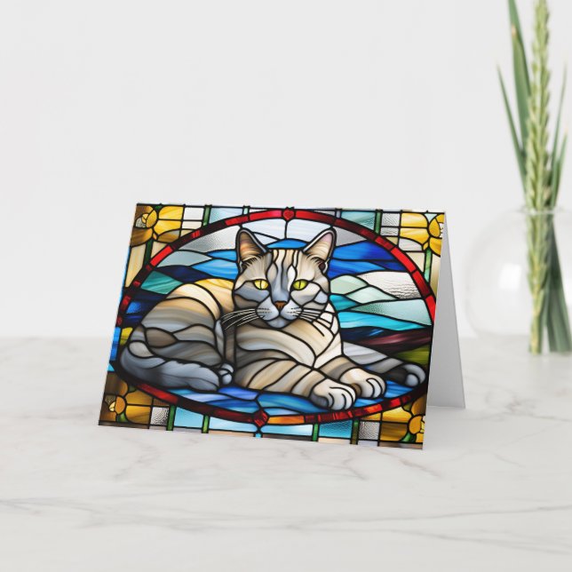 Cartão Gato Chartreux Fofo em Vidro Pintado (Frente)