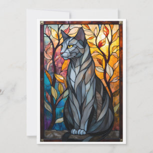 Cartão Gato Cinza com Folhas no Estilo de Vitral