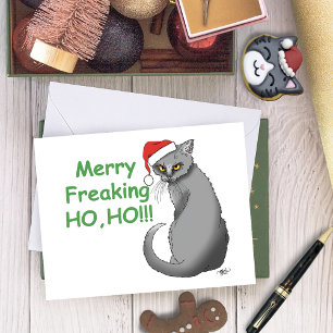 Cartão Gato Cinza Engraçado Mal-Humorado Natal Humor de F