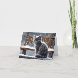 Cartão Gato Cinza Fofo no Banco de Neve de Inverno Cumpri