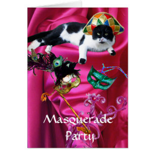 CARTÃO GATO COM CHAPÉU ARLEQUIM E MÁSCARAS DE BAILE DE MÁ