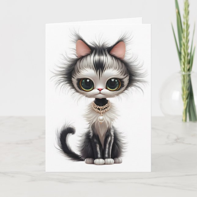 Cartão Gato Com Colar De Pérola Aniversário (Frente)