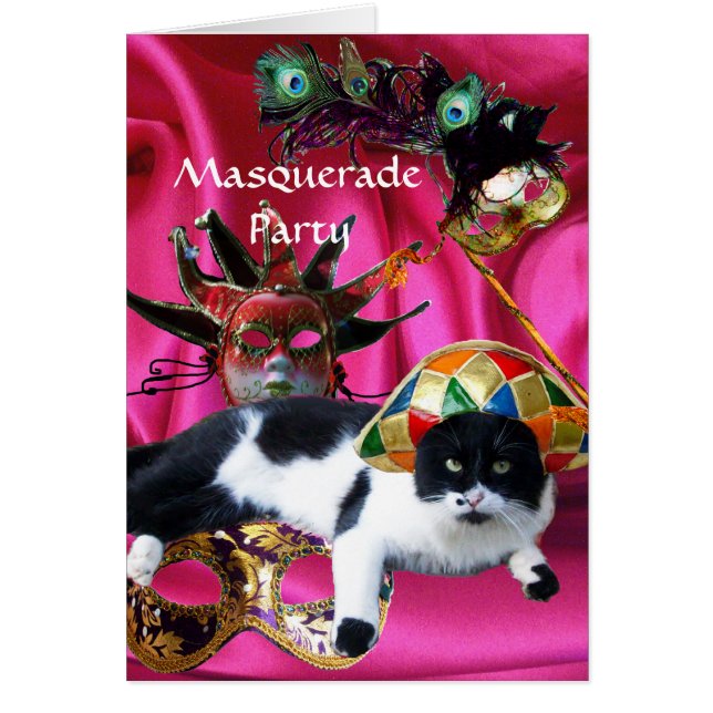 CARTÃO GATO COM HARLEQUIN HAT E MÁSCARAS DE MASCARADA (Frente)