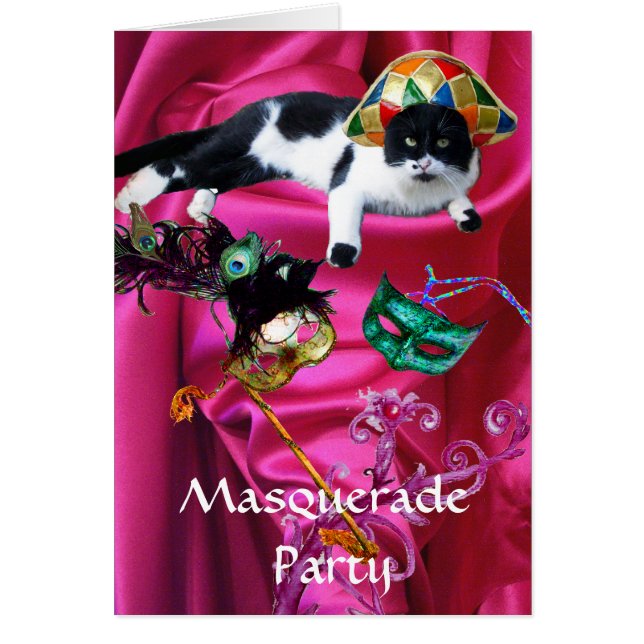 CARTÃO GATO COM HARLEQUIN HAT E MÁSCARAS DE MASCARADA (Frente)
