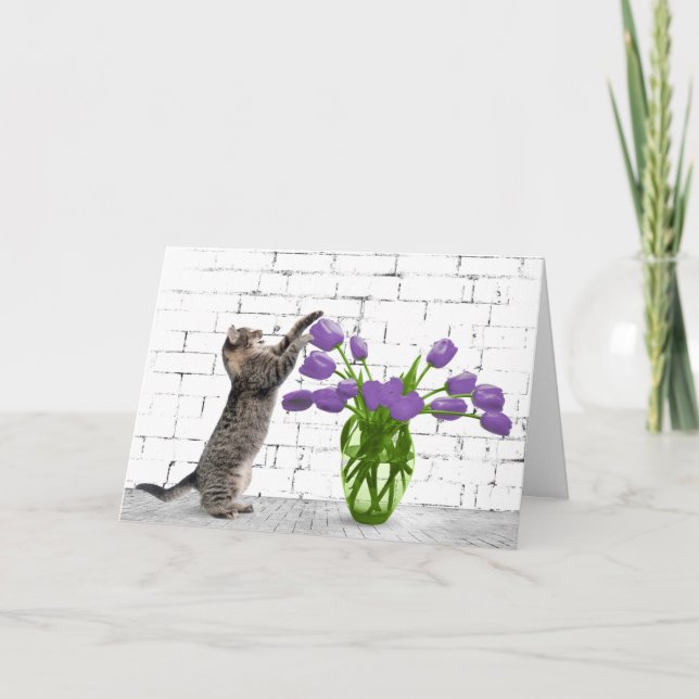 Cartão Gato com Tulipa Roxa (Frente)