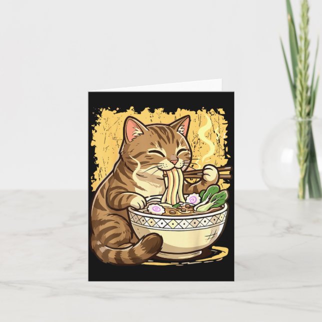 Cartão Gato Comendo Macarrão Ramen Japonês (Frente)