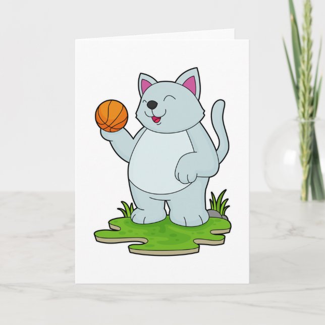 Cartão Gato como jogador de basquete com bola de basquete (Frente)