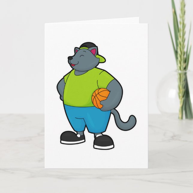 Cartão Gato como jogador de basquete com bola de basquete (Frente)
