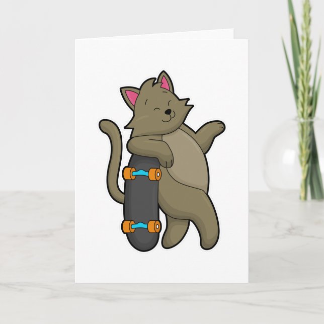 Cartão Gato como Patinador com Skate (Frente)