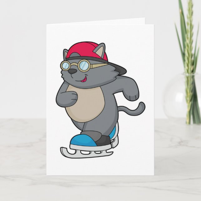 Cartão Gato como patinador no gelo com patins (Frente)