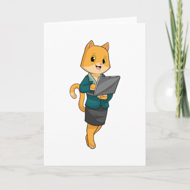 Cartão Gato como Secretário com Laptop (Frente)