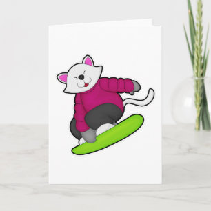 Cartão Gato como Snowboarder com Snowboard