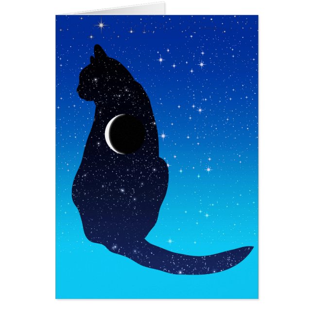 Cartão Gato Cósmico em Estrelas e Padrões da Lua Crescent (Frente)