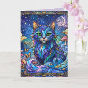 Cartão Gato Cósmico Vidro Pintado Surreal Olhos Azuis Ver