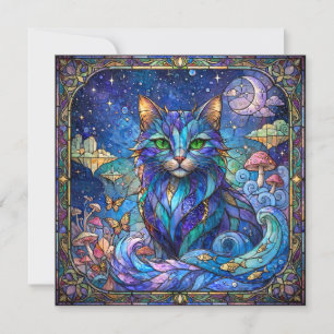 Cartão Gato Cósmico Vidro Pintado Surreal Olhos Azuis Ver