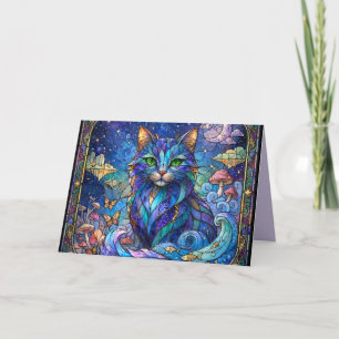 Cartão Gato Cósmico Vidro Pintado Surrealista Olhos Azuis