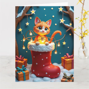 Cartão Gato Curioso em Meia de Natal Arte em Papel